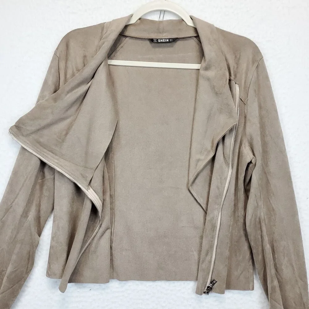 Shein Drape Neck Inside Out Blazer Top Women L Long Sleeves Front Zip Taupe - Picture 3 of 13